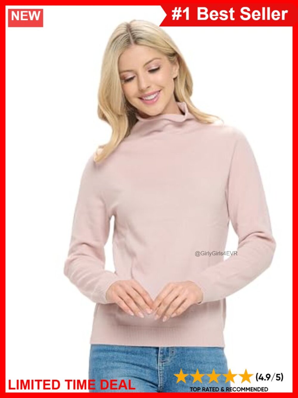 100% Cashmere Mock Neck Long Sleeve Pullover Sweater